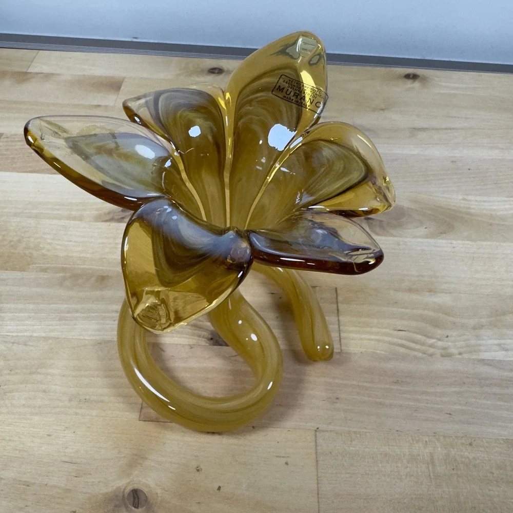 Murano Art Glass Lily Vase Amber Gold Swirl Spiral Base Made in Italy